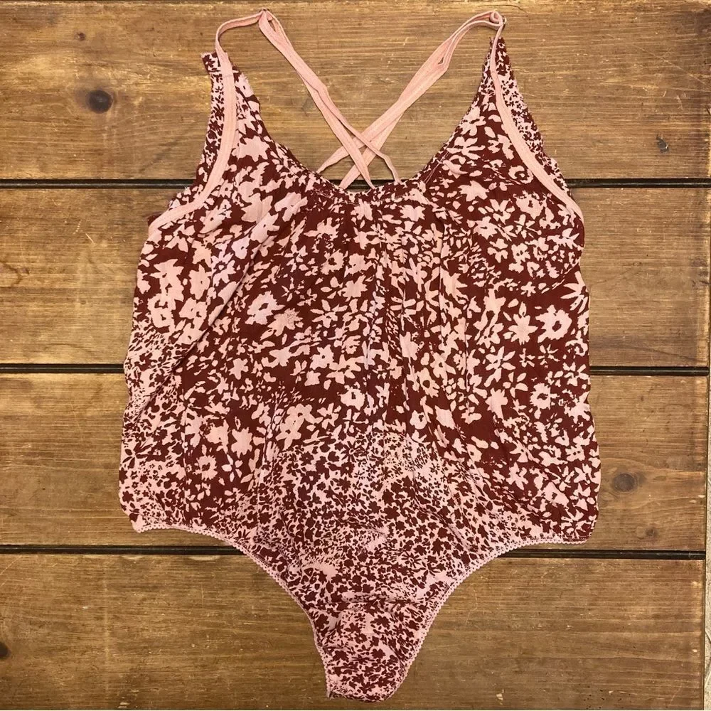 Free People Intimately Red Be Kind Bodysuit Size Medium Pink Floral Ties NWOT